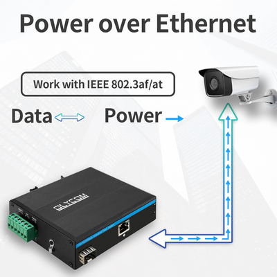DC48V POE इंडस्ट्रियल मीडिया कन्वर्टर 100/1000M ऑटो-सेंसिंग 2 पोर्ट PSE 15.4W 30W