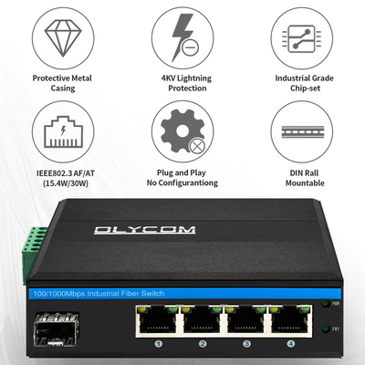 5 पोर्ट SFP PoE स्विच गीगाबिट नेटवर्क PoE/PoE+ 120W बजट DC48V फैनलेस CE FCC