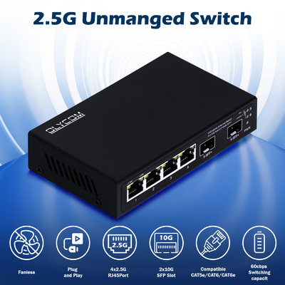 6 पोर्ट 10g फाइबर ईथरनेट स्विच 4* 2.5G RJ45 + 2* 10G SFP+ समर्थन OEM/ODM