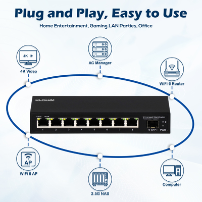 9 पोर्ट अनमैनेज्ड 2.5G ईथरनेट स्विच 10G अपलिंक एसएफपी पोर्ट के साथ 60Gbps बैकप्लेन बैंडविड्थ