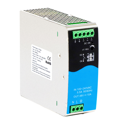 480W डीआईएन रेल पावर सप्लाई 48V 10A सक्रिय पीएफसी डीसी के साथ व्यापक एसी/डीसी इनपुट