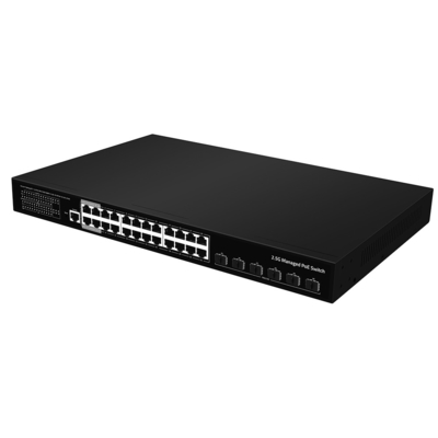 24 पोर्ट 2.5G PoE स्विच 10G फाइबर अपलिंक L3 प्रबंधित ईथरनेट 400W बजट एसी इनपुट