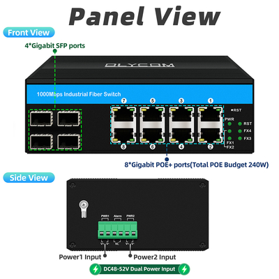 8 पोर्ट गीगाबिट पो स्विच इंडस्ट्रियल ईथरनेट स्विच 4SFP+8RJ45 DC48V डबल पावर इनपुट