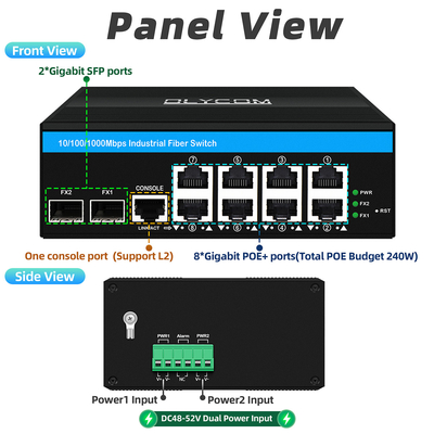 2SFP+8 RJ45 के साथ 8 पोर्ट गीगाबिट प्रबंधित पो स्विच इंडस्ट्रियल ईथरनेट स्विच