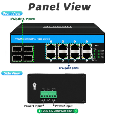 12 पोर्ट इंडस्ट्रियल ईथरनेट स्विच Din नेटवर्क स्विच 4SFP+8RJ45 DC12-52V डुअल पावर सप्लाई
