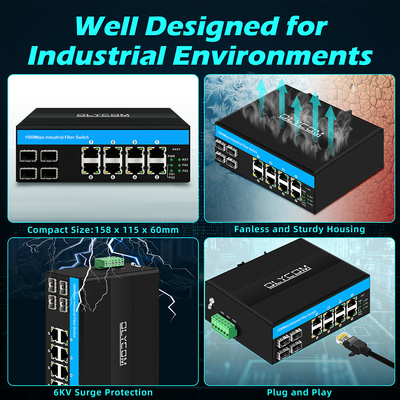 12 पोर्ट इंडस्ट्रियल ईथरनेट स्विच Din नेटवर्क स्विच 4SFP+8RJ45 DC12-52V डुअल पावर सप्लाई