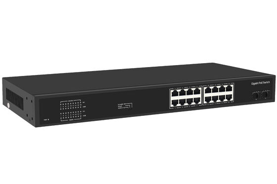 16 Port Gigabit PoE Switch 1G Fiber Uplinks Single AC Input 300W Budget CE Fanless
