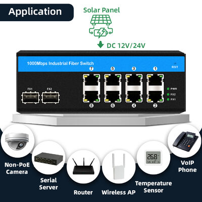 सौर ऊर्जा प्रणाली और वाहन के लिए 240W पावर बजट DC12-48V वाइड वोल्टेज इनपुट गीगाबिट 8 पोर्ट सोलर PoE स्विच
