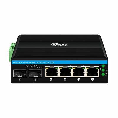 औद्योगिक 2.5G PoE फाइबर स्विच 4 पोर्ट PoE+ 2 SFP 10G Uplink DIN रेल के साथ