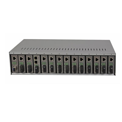 14 स्लॉट मीडिया कन्वर्टर रैक चेसिस 19 इंच 2U डुअल AC220V फाइबर मीडिया कन्वर्टर्स CE के लिए